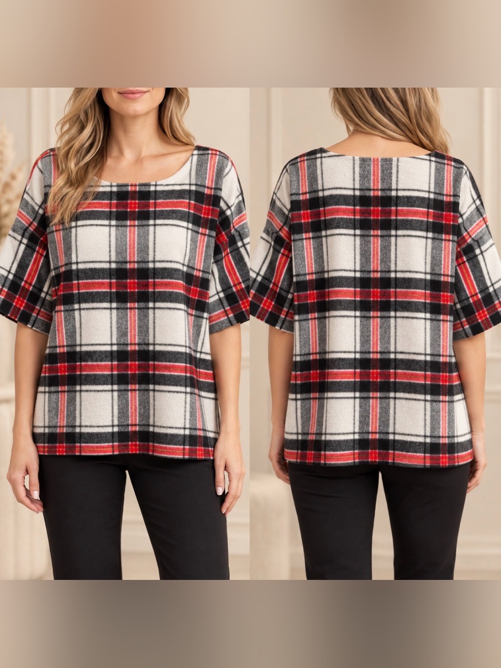 424 Fifth Lord & Taylor Plaid Wool Blend Short Sleeve Sweater Top XL